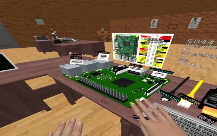The virtual Raspberry Pi workbench students used inside the VR environment.